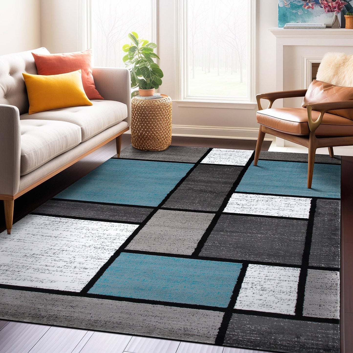 Tapis contemporain moderne à blocs de couleurs en boîte de la World Rug Gallery