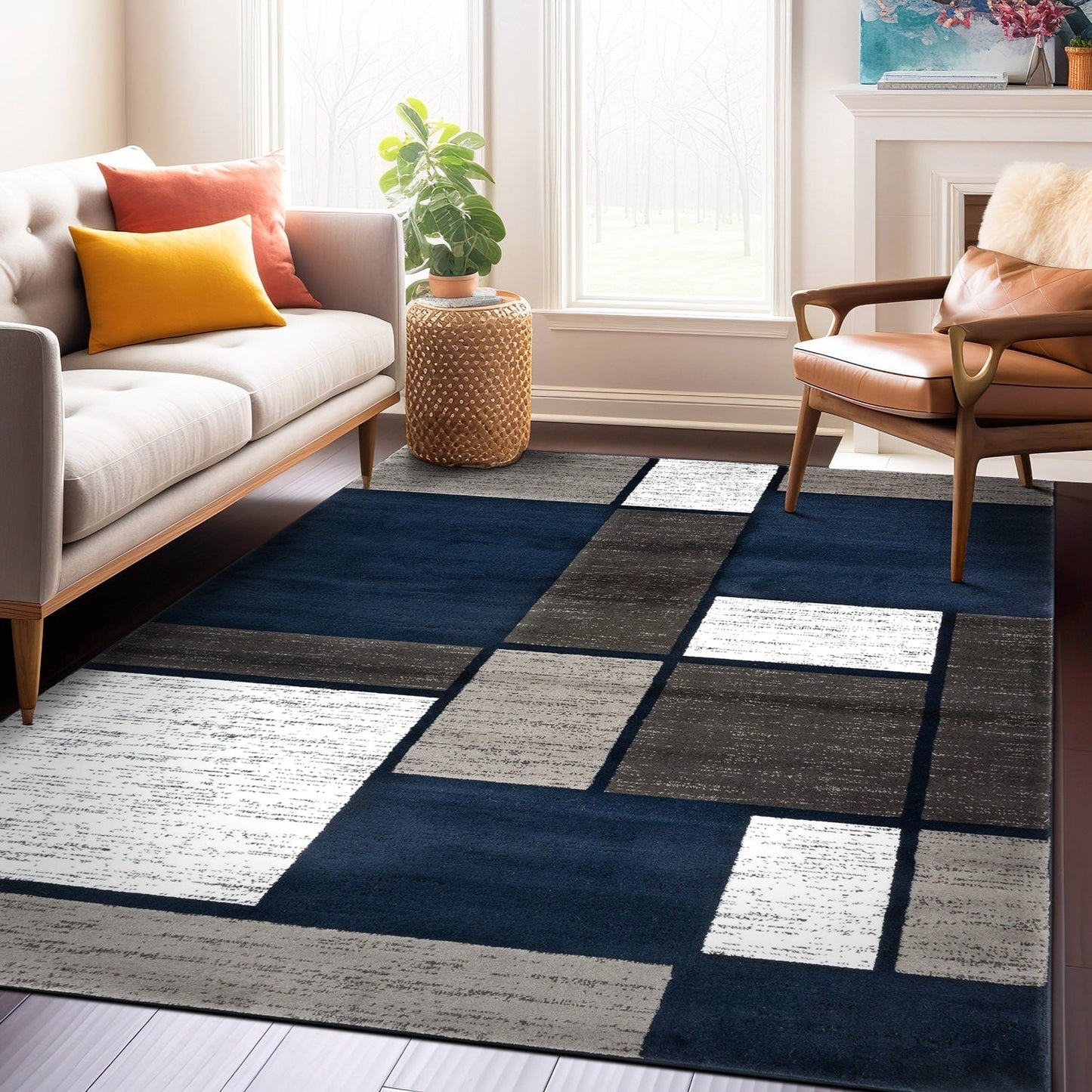 Tapis contemporain moderne à blocs de couleurs en boîte de la World Rug Gallery
