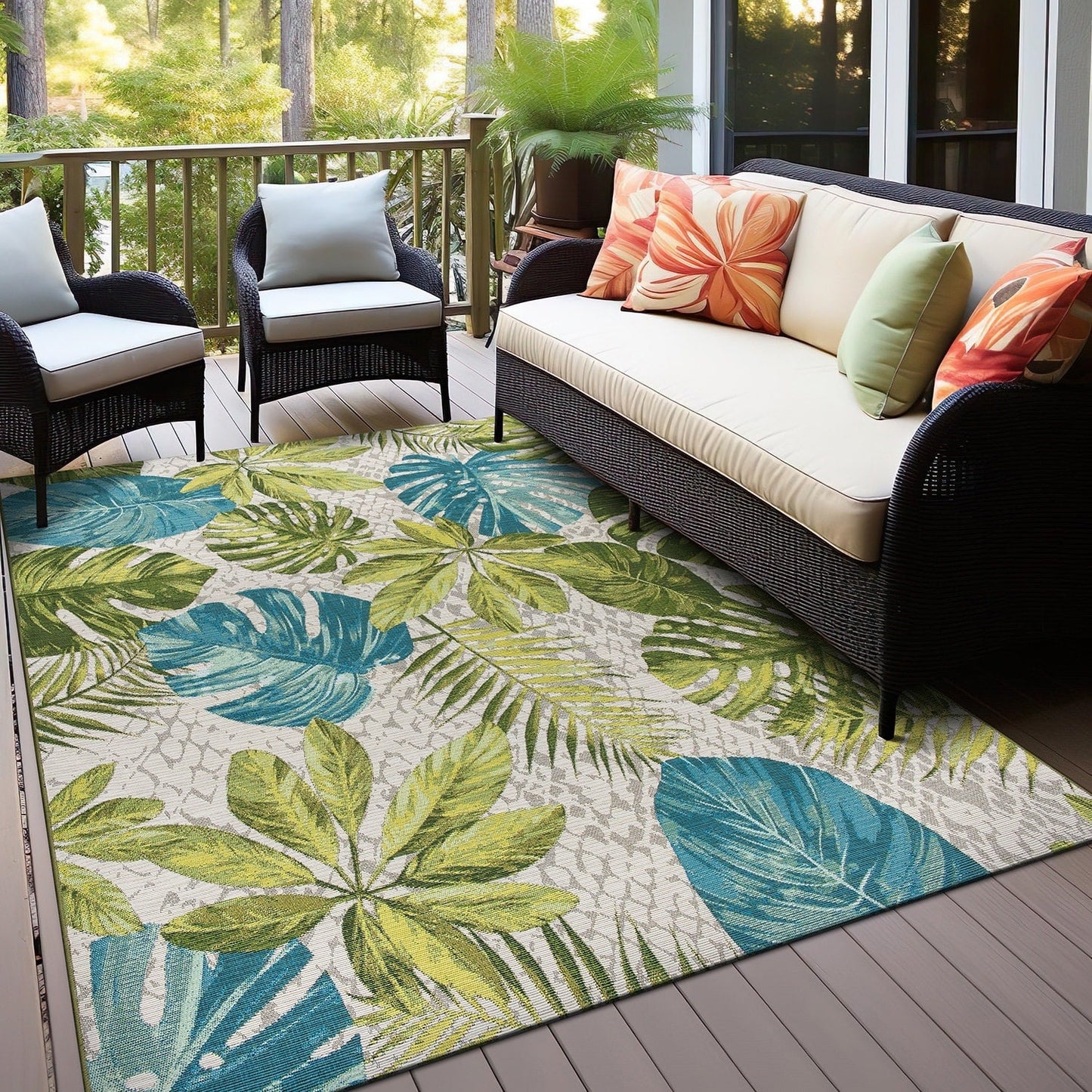 Tapis d'intérieur/extérieur contemporain à motif floral tropical de la World Rug Gallery
