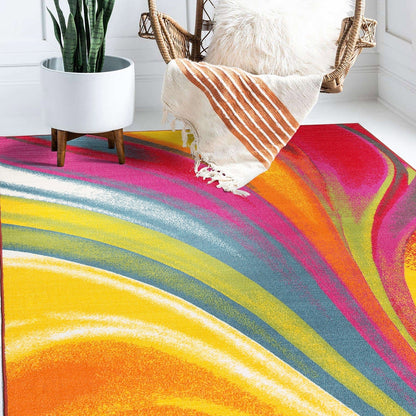 Tapis antidérapant multicolore à vagues contemporaines modernes de la World Rug Gallery