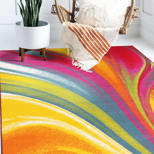 Tapis antidérapant multicolore à vagues contemporaines modernes de la World Rug Gallery