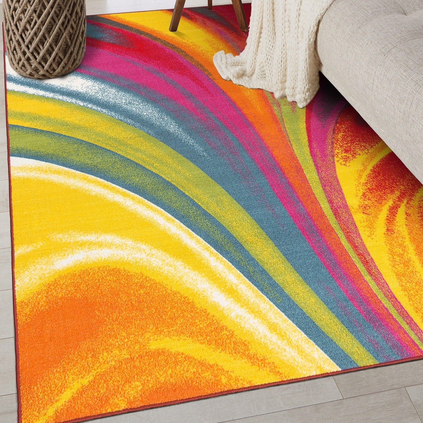 Tapis antidérapant multicolore à vagues contemporaines modernes de la World Rug Gallery