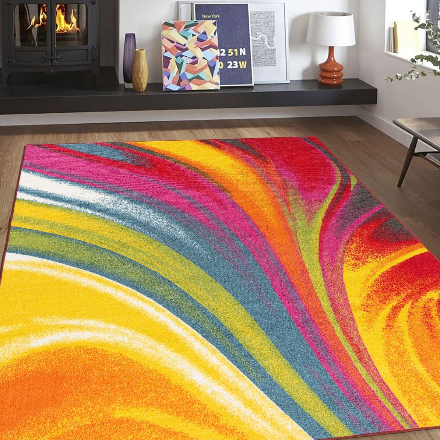 Tapis antidérapant multicolore à vagues contemporaines modernes de la World Rug Gallery