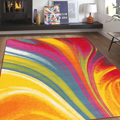 Tapis antidérapant multicolore à vagues contemporaines modernes de la World Rug Gallery