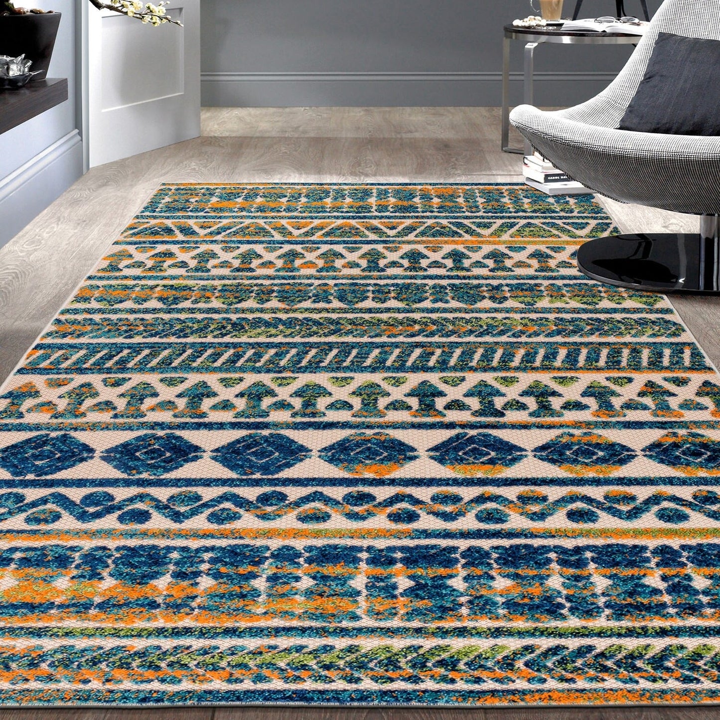 Tapis d'intérieur/extérieur géométrique délavé à rayures modernes de la World Rug Gallery