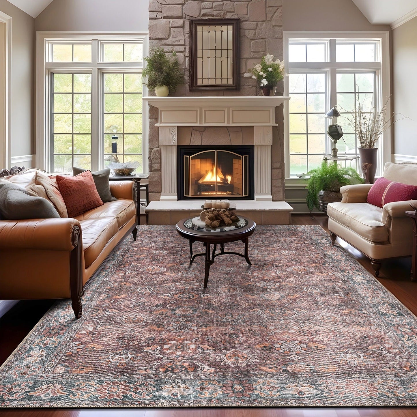 Tapis de transition World Rug Gallery, style vintage, antidérapant, lavable en machine, avec bordures