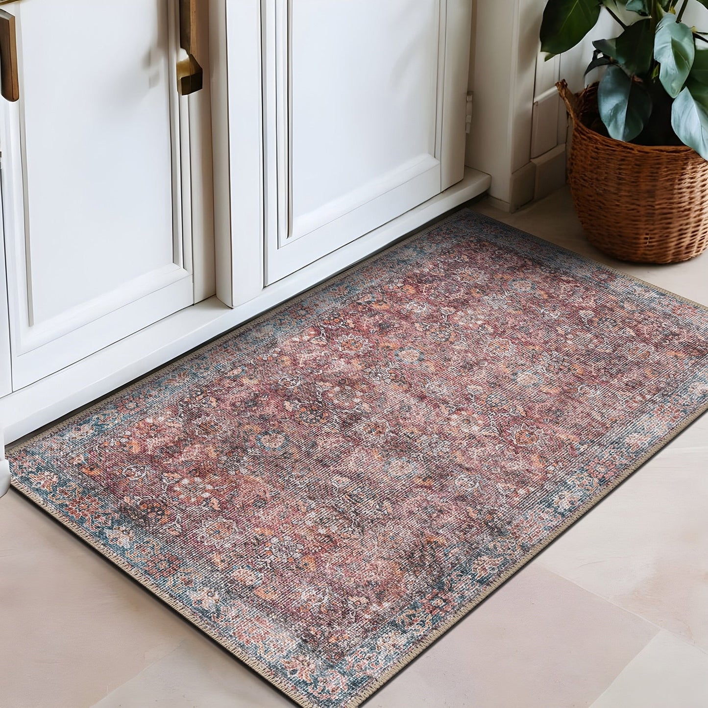 Tapis de transition World Rug Gallery, style vintage, antidérapant, lavable en machine, avec bordures