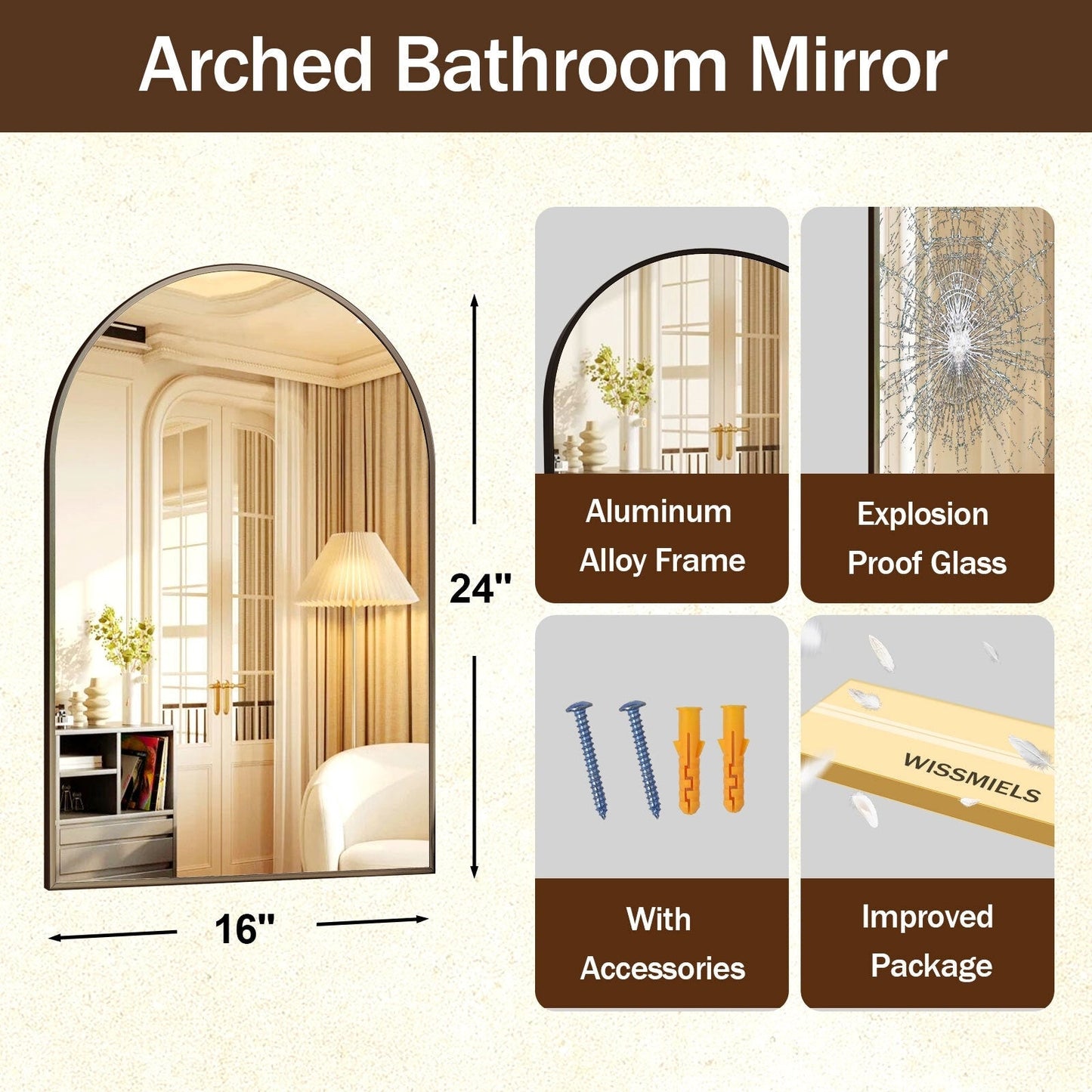 Miroir de courtoisie mural YVANLA Arch pour salle de bain