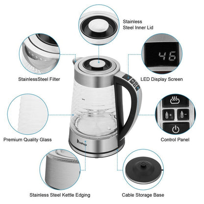 Bouilloire électrique ZOKOP 0,58 gal 1 200 W en verre borosilicaté avec poignée électronique