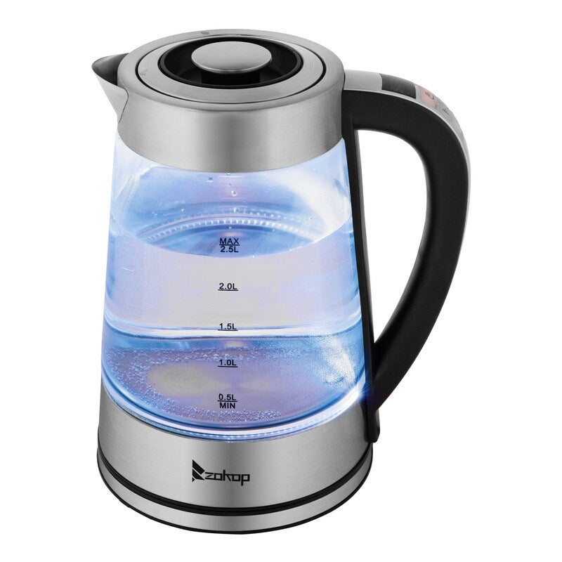 Bouilloire électrique en verre et acier inoxydable ZOKOP 0,58 gal 1 200 W avec poignée électronique