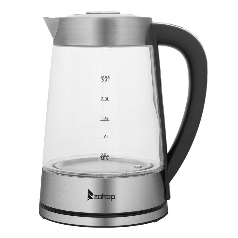 Bouilloire électrique en verre et acier inoxydable ZOKOP 0,58 gal 1 200 W avec poignée électronique