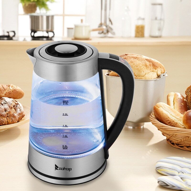 Bouilloire électrique en verre et acier inoxydable ZOKOP 0,58 gal 1 200 W avec poignée électronique