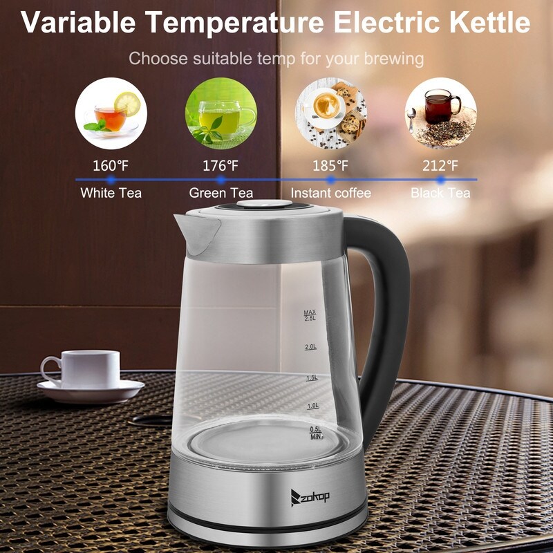 Bouilloire électrique en verre et acier inoxydable ZOKOP 0,58 gal 1 200 W avec poignée électronique