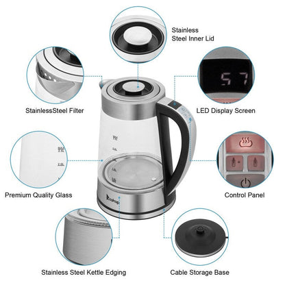 Bouilloire électrique en verre et acier inoxydable ZOKOP 0,58 gal 1 200 W avec poignée électronique