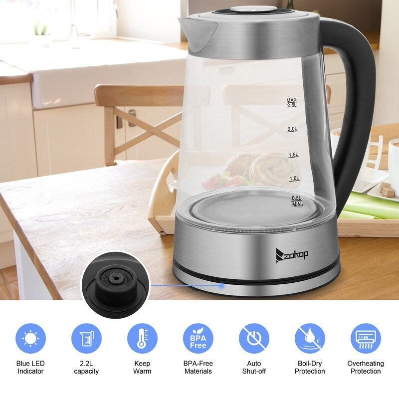 Bouilloire électrique en verre et acier inoxydable ZOKOP 0,58 gal 1 200 W avec poignée électronique