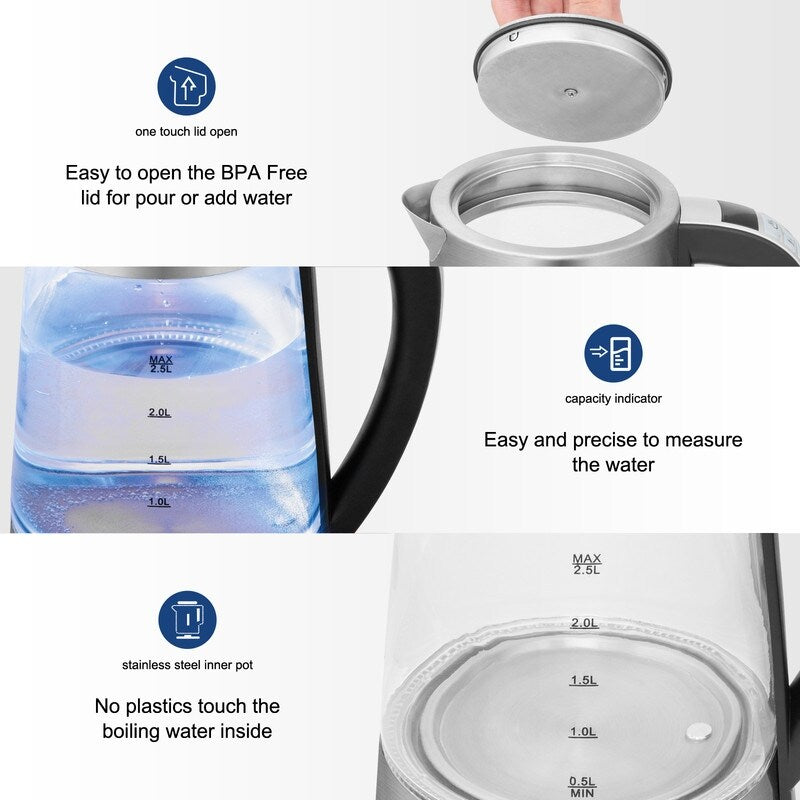 Bouilloire électrique en verre et acier inoxydable ZOKOP 0,58 gal 1 200 W avec poignée électronique