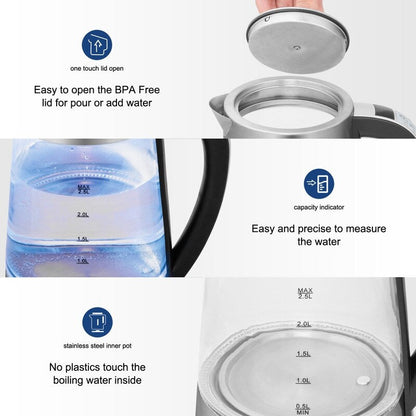 Bouilloire électrique en verre et acier inoxydable ZOKOP 0,58 gal 1 200 W avec poignée électronique